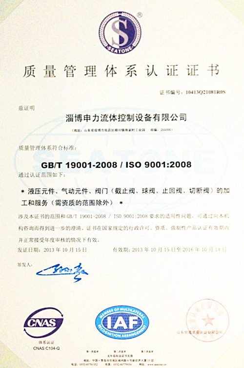 热烈祝贺淄博申力流体控制设备有限公司顺利通过ISO9001：2008质量体系认证！